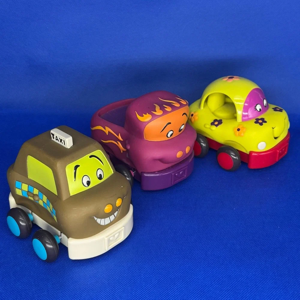 Battat B Wheeee-ls Soft Toy Cars Lot-3 Taxi Truck Flower Bug Pull Back Toddler